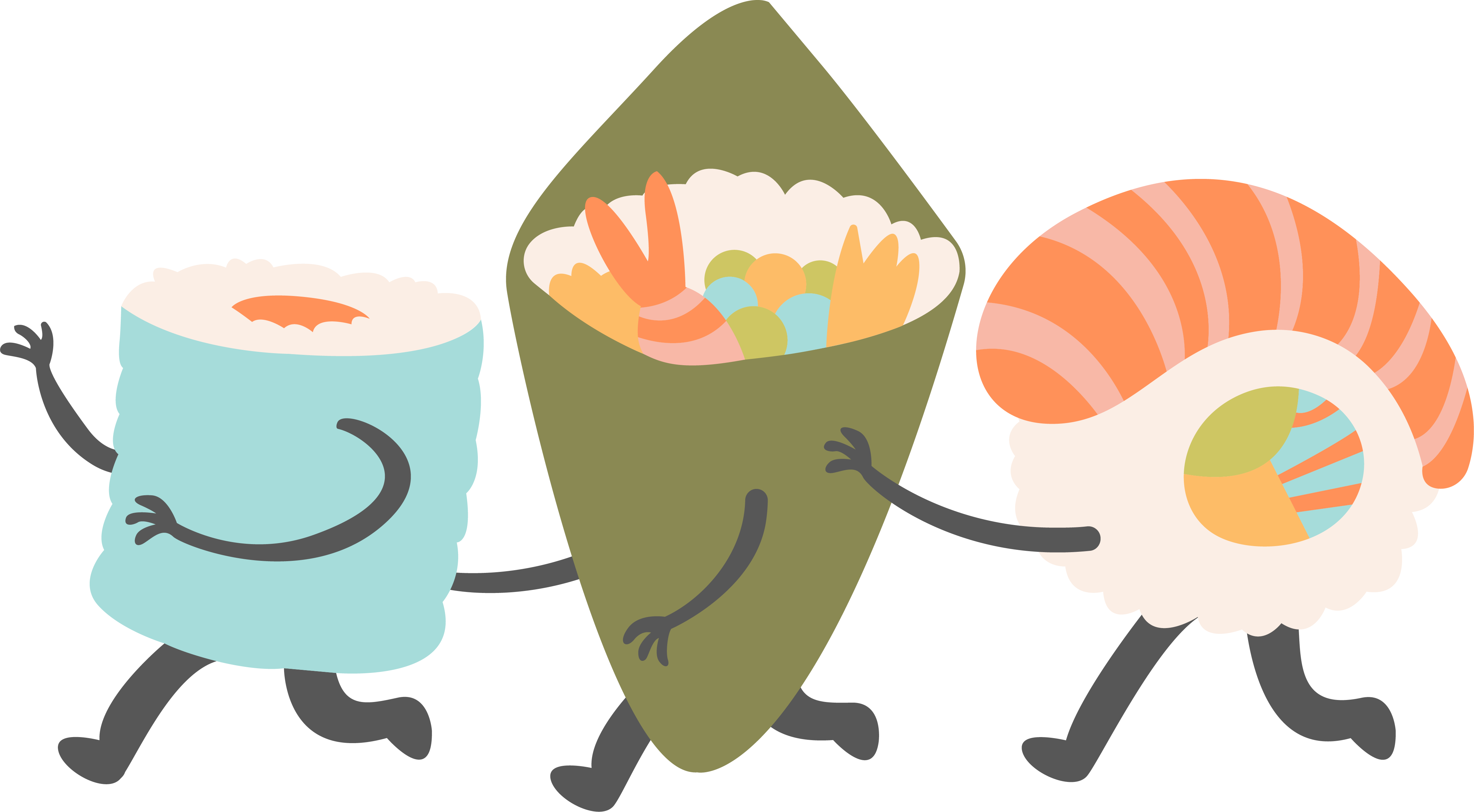 Three mischievous looking little sushi men characters running.