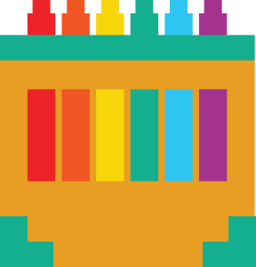 Smashing Good Pinatas pixel-art design: a box of rainbow crayons