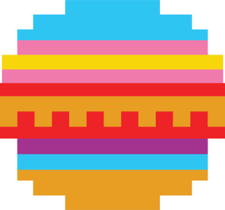 Smashing Good Pinatas pixel-art design: a striped ball of yarn