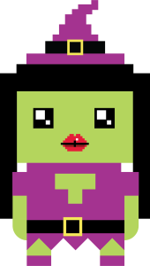 Smashing Good Pinatas pixel-art design: a green-faced witch in a purple hat